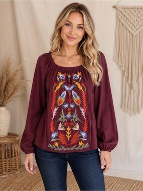 Solitaire Burgundy Embroidered Peasant Tunic